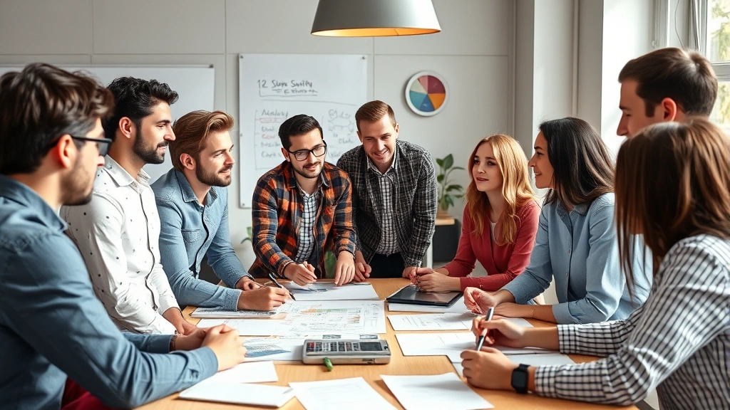 Diverse group of entrepreneurs in casual meeting, discussing ideas around table with whiteboards visible, energetic collaborative atmosphere, natural lighting