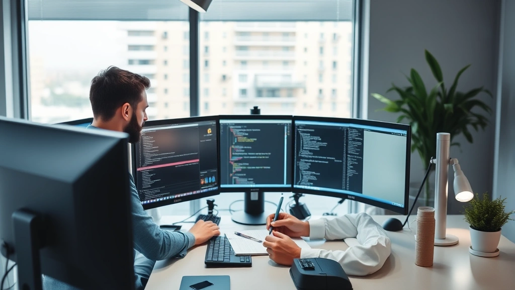 Solo founder working at standing desk with multiple monitors, taking notes, concentrated work environment, modern startup aesthetic