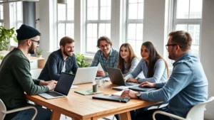 Diverse founding team collaborating around a wooden table with laptops and notebooks, natural lighting from large windows, engaged discussion mid-meeting, startup office environment