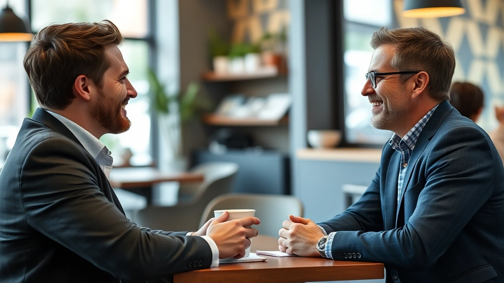 Entrepreneur speaking with customer in casual coffee shop setting, taking notes, both smiling and engaged, natural conversation capture, real business interaction