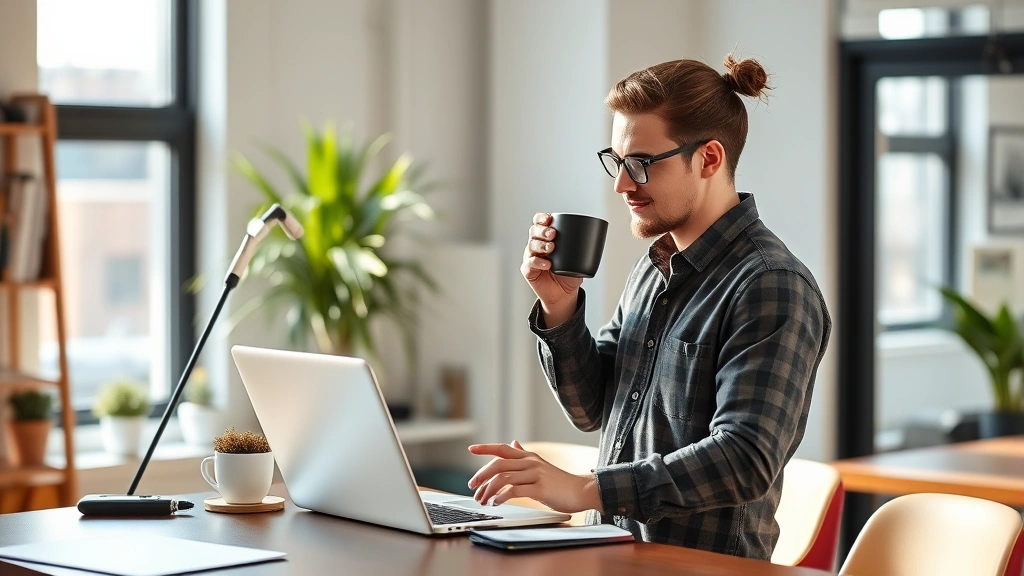 Founder working at standing desk with coffee, focused on laptop screen, modern startup office with natural light, morning energy, no visible text or data on screen