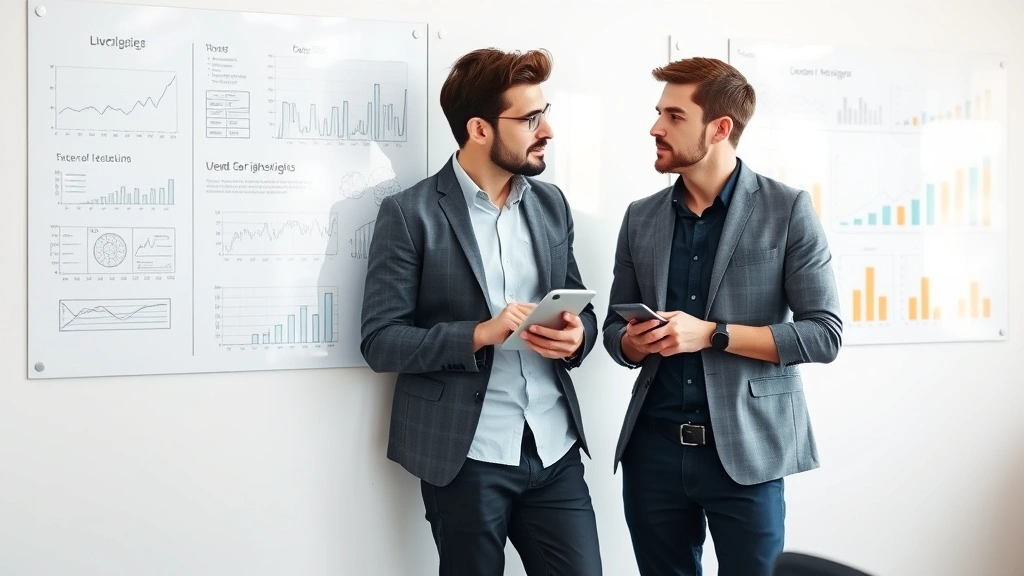Two entrepreneurs in casual business attire reviewing metrics on a whiteboard wall during an intense working session, collaborative problem-solving energy, clean office setting