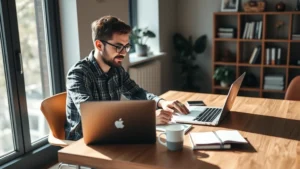 Founder working at a wooden desk with laptop, coffee cup, and notebook, natural window light streaming in, focused expression, modern home office setup