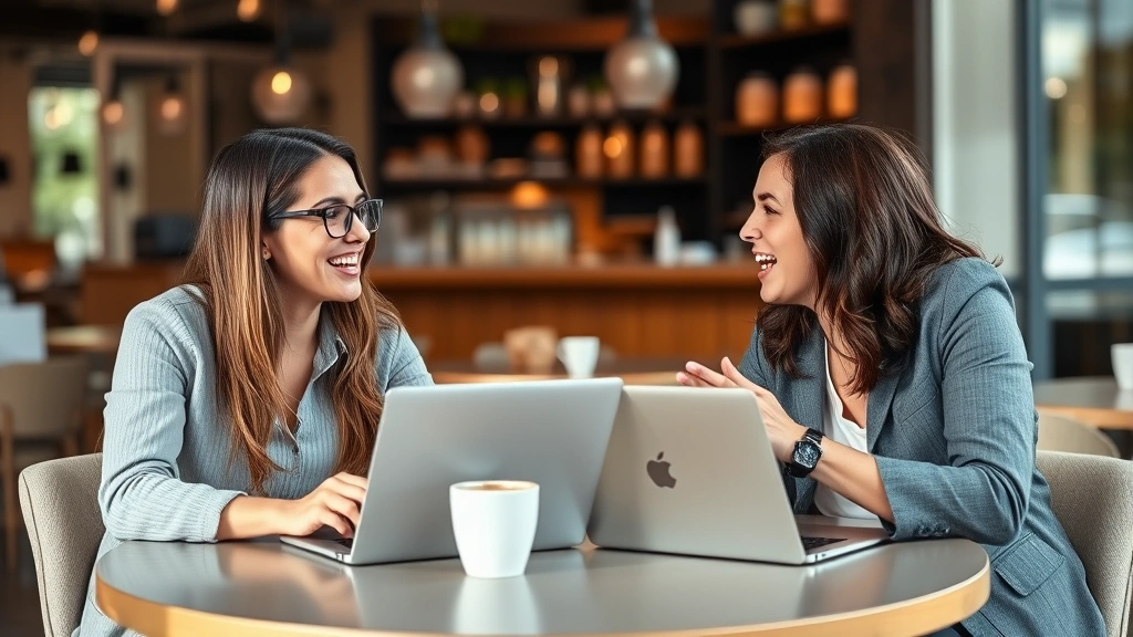 Two entrepreneurs in casual business attire having an animated conversation at a coffee shop table with laptops, genuine engagement and collaboration visible