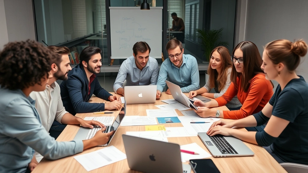 Diverse founding team of 4-5 people collaborating around a table with laptops and papers, brainstorming session, energetic and focused atmosphere