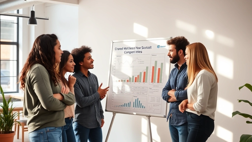 Diverse founding team in modern startup office, reviewing growth metrics on a whiteboard, collaborative energy, natural lighting