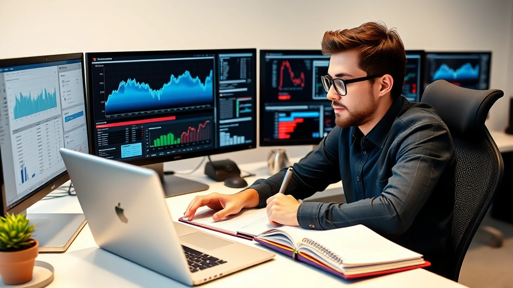 Young entrepreneur at desk with laptop and notebook, analyzing business data on multiple monitors, focused expression, startup workspace