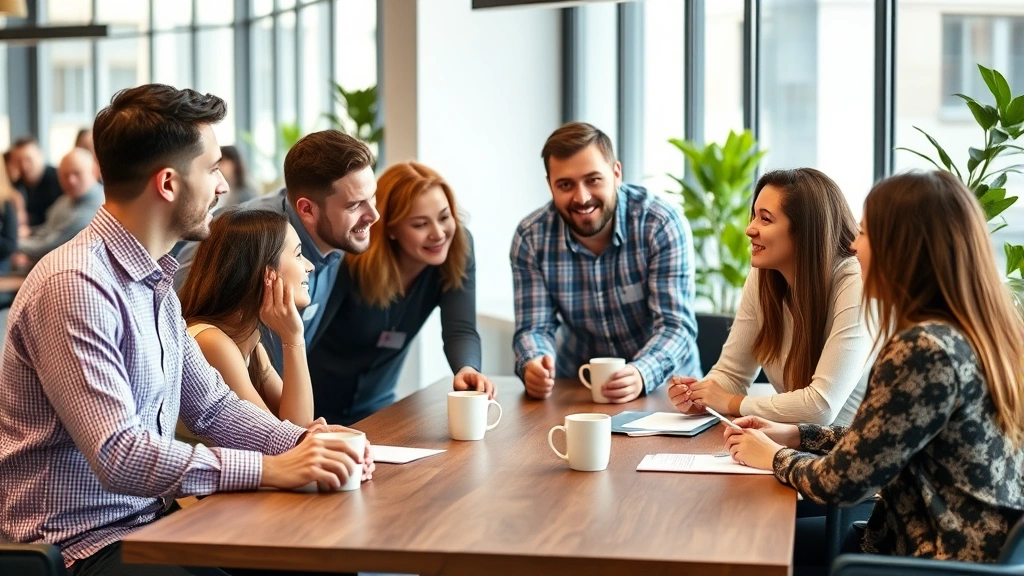 Group of startup employees in casual meeting, discussing strategy around a table with coffee cups, diverse team, engaged conversation