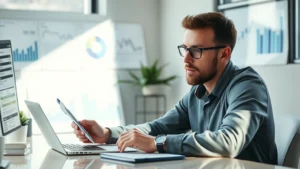 Founder reviewing financial dashboards and cash flow spreadsheets at desk, natural lighting, focused expression, notebook nearby