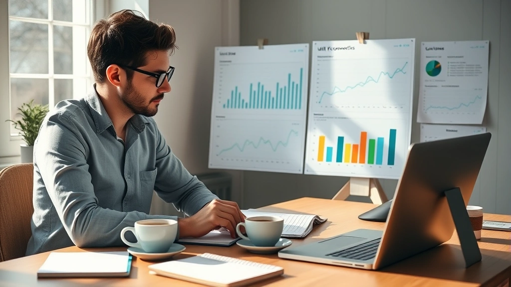 Founder reviewing financial dashboards and unit economics metrics on a desk with coffee and notebooks, focused and analytical, natural lighting