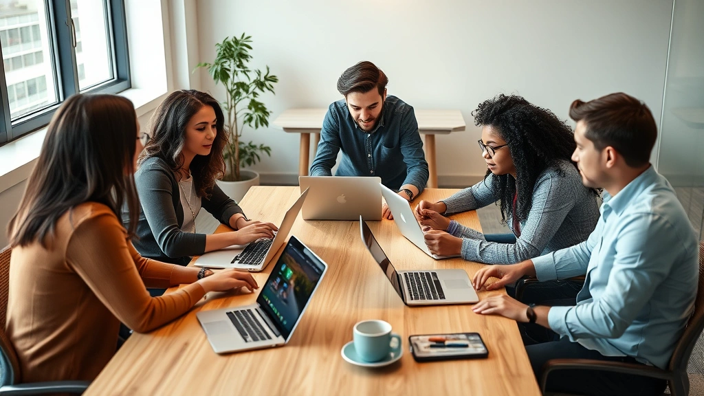 Small team collaborating around table with laptops, diverse group, engaged discussion, bright office space, coffee cups