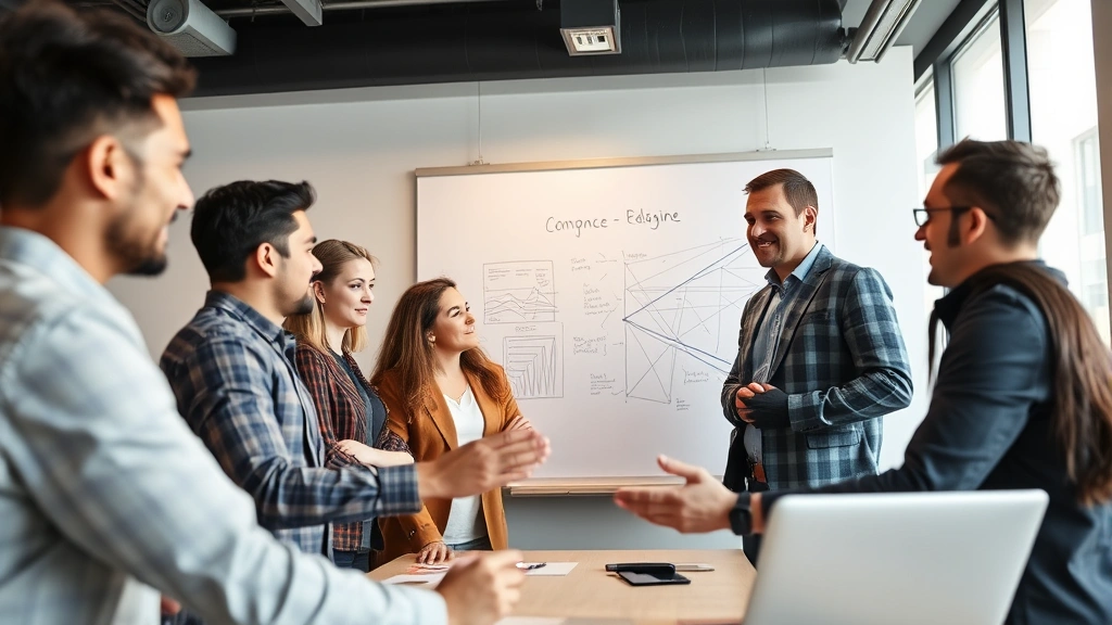 Team of diverse professionals in collaborative meeting, discussing strategy around whiteboard, engaged and energized expressions