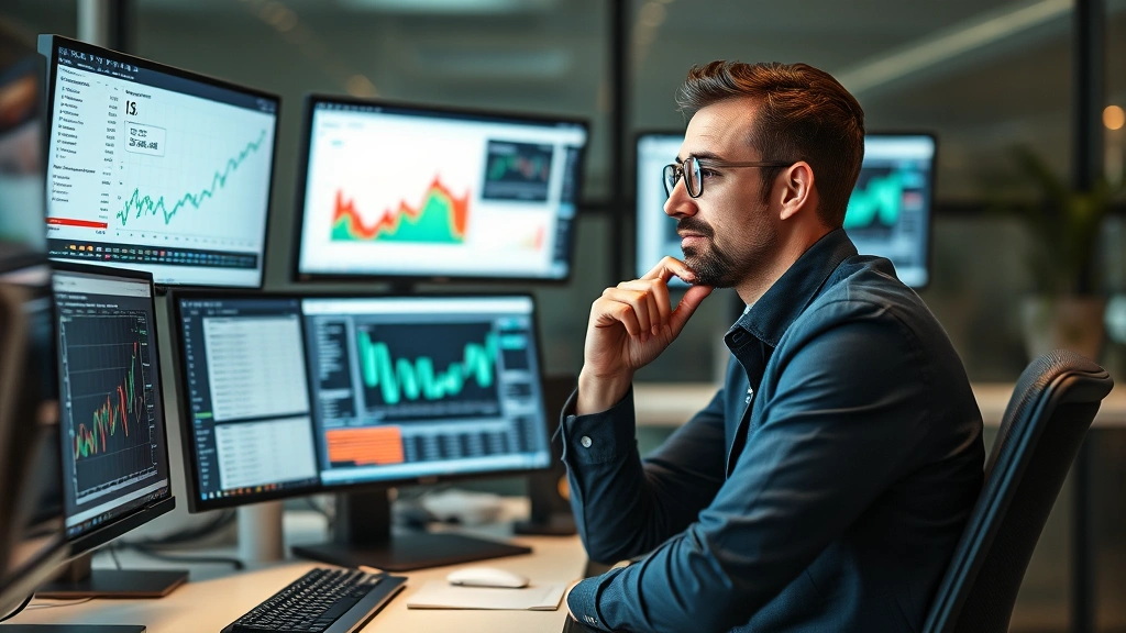 Entrepreneur reviewing metrics on multiple monitors, analyzing business data, professional but relaxed environment, thinking pose
