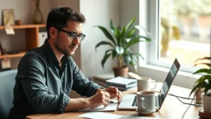 Founder working at a desk surrounded by customer feedback notes, coffee cups, and laptop. Natural lighting from window. Focused expression. Real startup environment, not staged.