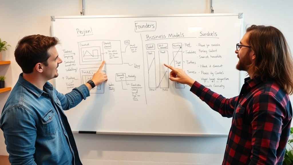 Two co-founders in discussion, pointing at whiteboard with business model sketches. Collaborative energy, genuine conversation. Casual startup workspace. No visible text on board.