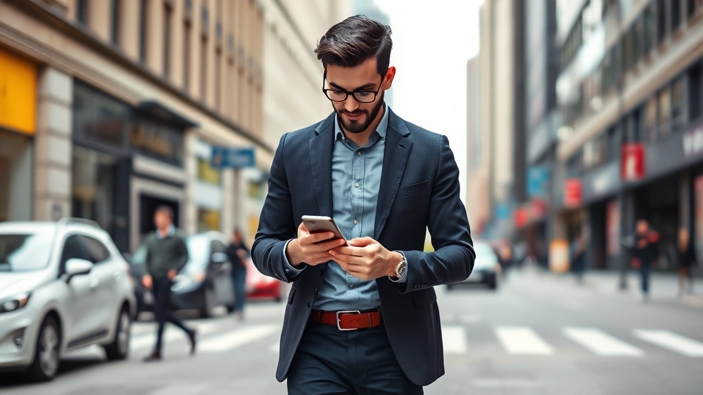 Entrepreneur reviewing analytics on phone while walking through city streets. Confident posture. Modern business casual attire. Real urban setting. No screen text visible.