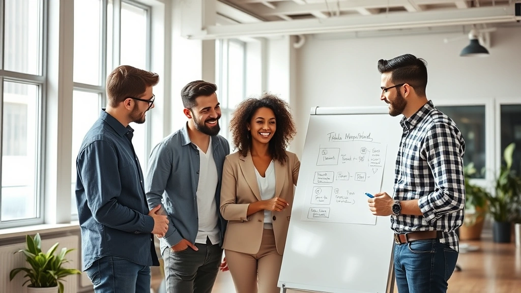 Diverse founding team of three entrepreneurs in modern startup office, collaborating around a whiteboard with enthusiasm and focus, natural lighting through large windows, casual business attire