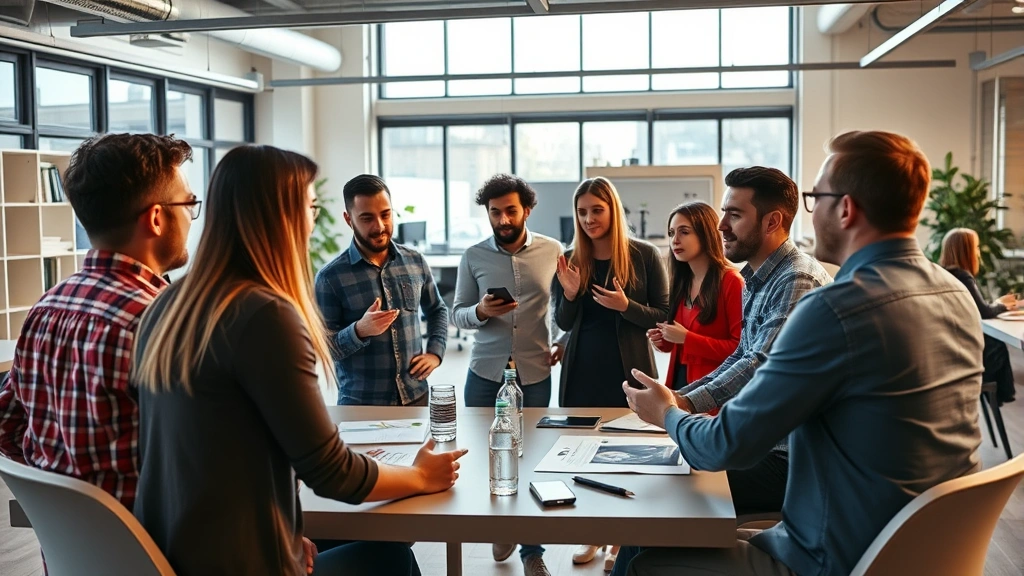 Startup team in an energetic brainstorming session, multiple people engaged in discussion, open office environment, bright and professional atmosphere, diverse group