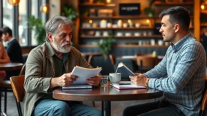 Founder in casual clothing sitting at a coffee shop table reviewing notes and having a thoughtful conversation with a potential customer, both engaged in discussion with notebooks visible