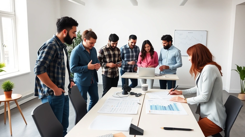 Team of diverse entrepreneurs collaboratively working at standing desks in a bright, minimal startup office space, reviewing metrics on paper and collaborating on strategy