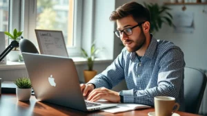 Founder working at a desk with laptop and coffee, reviewing customer feedback notes with focused determination, natural daylight from window, startup workspace aesthetic