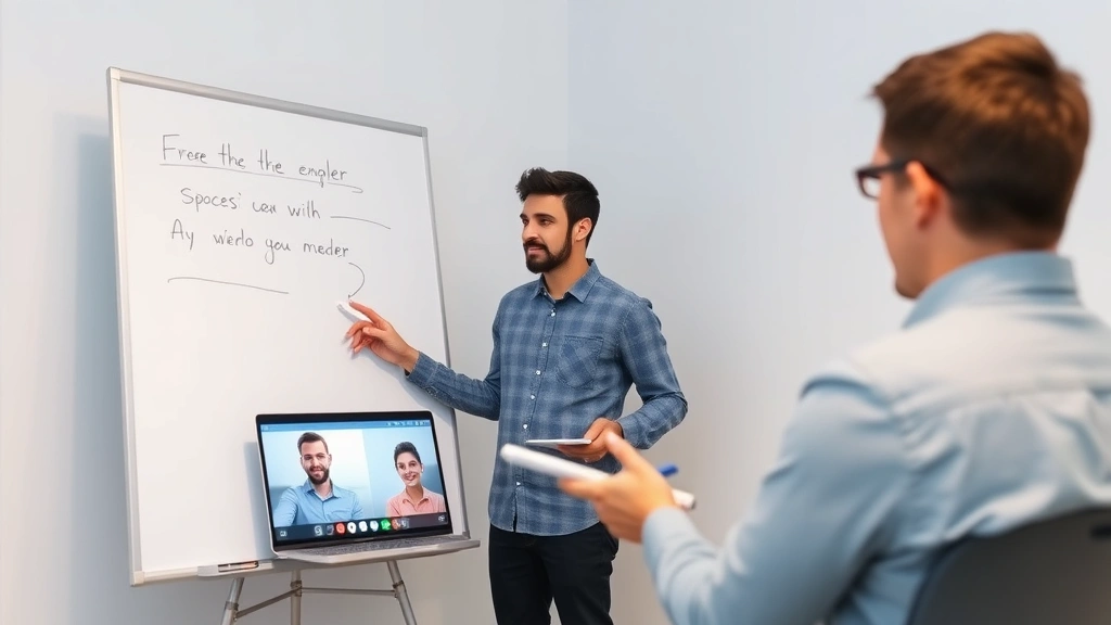 Solo entrepreneur standing at a whiteboard during a customer interview call, taking notes while laptop shows video call participant, genuine engagement and listening posture