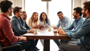 Diverse group of entrepreneurs in casual business attire having animated discussions around a wooden table with coffee cups, natural window lighting, collaborative energy, modern startup office setting