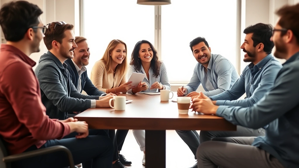 Diverse group of entrepreneurs in casual business attire having animated discussions around a wooden table with coffee cups, natural window lighting, collaborative energy, modern startup office setting
