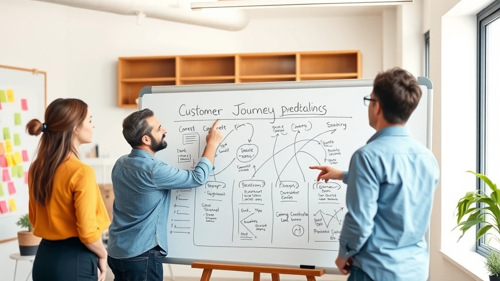 Founder sketching customer journey map on large whiteboard, team members pointing at different sections, bright creative workspace, sticky notes visible, energetic brainstorming session in progress