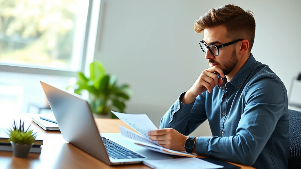 Young business founder reviewing customer feedback notes and market research data on desk, thoughtful expression, laptop open, notebook with insights, natural sunlight, focused work environment
