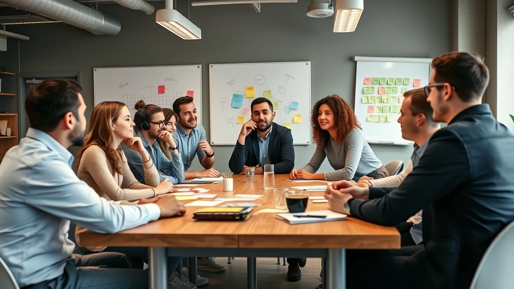Diverse team of young professionals in casual startup office having collaborative meeting around table, sharing ideas, whiteboards and sticky notes visible but no text readable