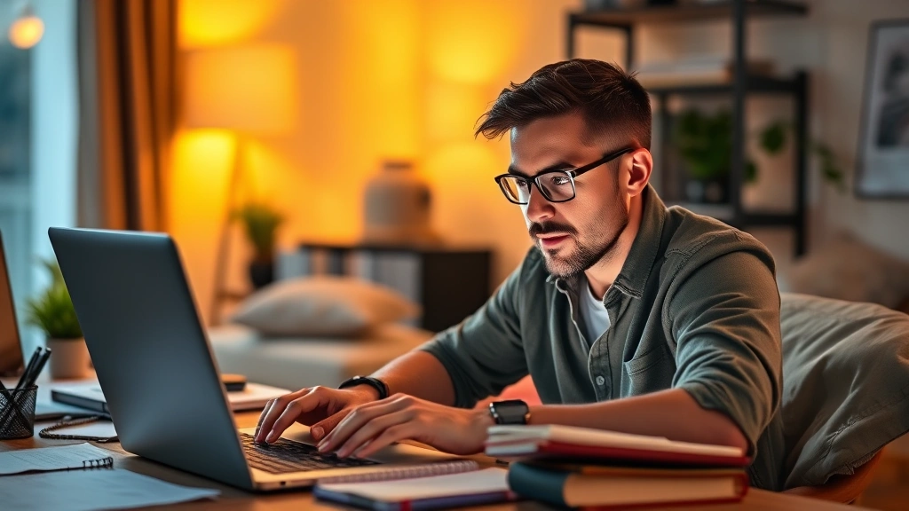 Solo entrepreneur working late evening at laptop, determined expression, home office setup, warm lighting, surrounded by notebooks and business planning materials