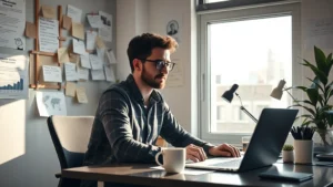 Founder at desk surrounded by customer feedback notes, laptop open to analytics, coffee cup nearby, morning sunlight through office window, focused expression, modern startup workspace