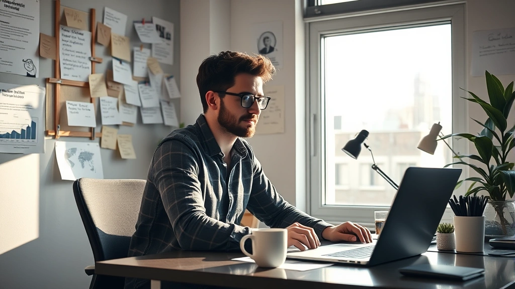 Founder at desk surrounded by customer feedback notes, laptop open to analytics, coffee cup nearby, morning sunlight through office window, focused expression, modern startup workspace
