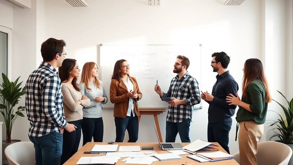 Diverse founding team in collaborative discussion around whiteboard in bright office, engaged body language, papers and notebooks scattered, natural light, genuine teamwork moment