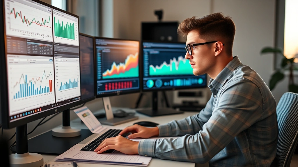 Young entrepreneur reviewing financial spreadsheets and metrics on multiple monitors, thoughtful expression, organized desk with business documents, late afternoon workspace lighting