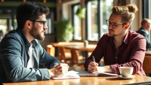 Founder taking handwritten notes during a customer interview at a coffee shop, natural sunlight, authentic conversation moment, focused expression, notebook visible