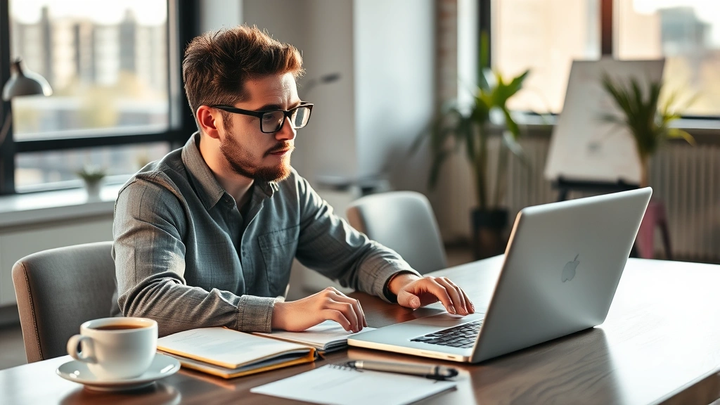 Founder analyzing product metrics on laptop, focused expression, modern workspace with notebooks and coffee, late afternoon light through windows