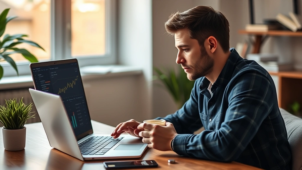 Entrepreneur reviewing analytics dashboard on laptop while holding a coffee, home office setup, morning light, thoughtful expression analyzing growth data