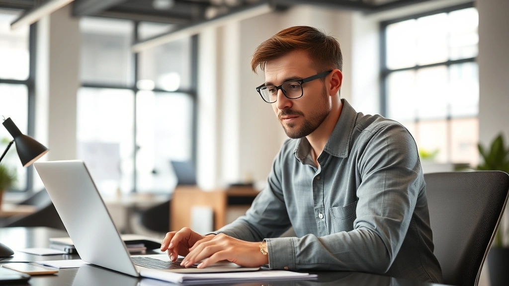 Founder working at desk with laptop and financial documents, focused expression, modern office lighting, natural daylight through windows, professional but relaxed atmosphere