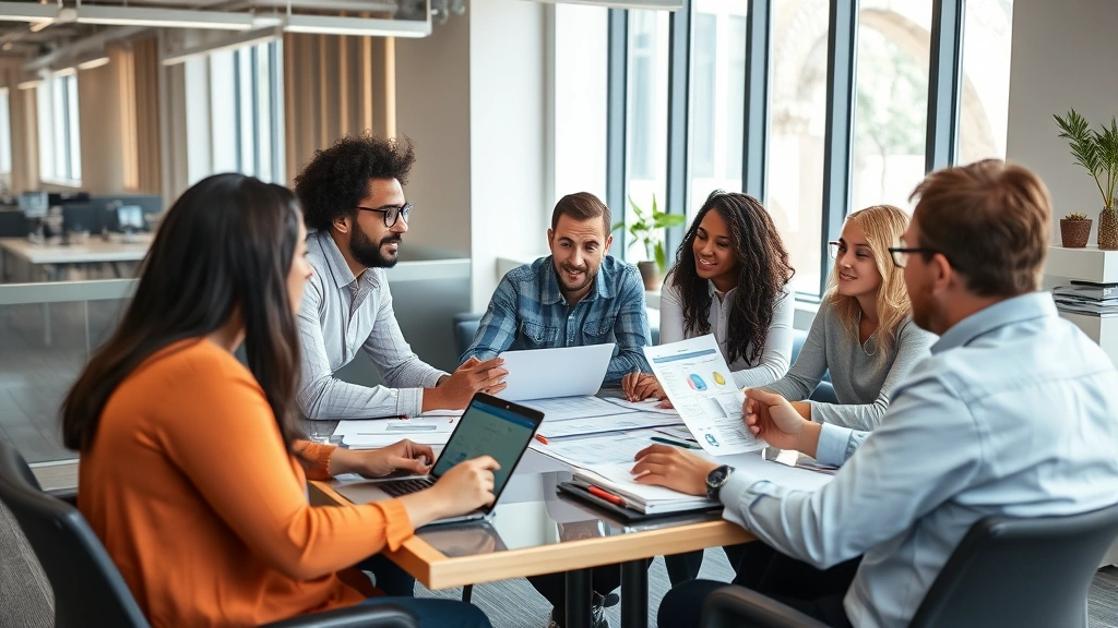 Team of diverse professionals collaborating around conference table, reviewing data and discussing strategy, energized body language, modern startup office environment with natural light