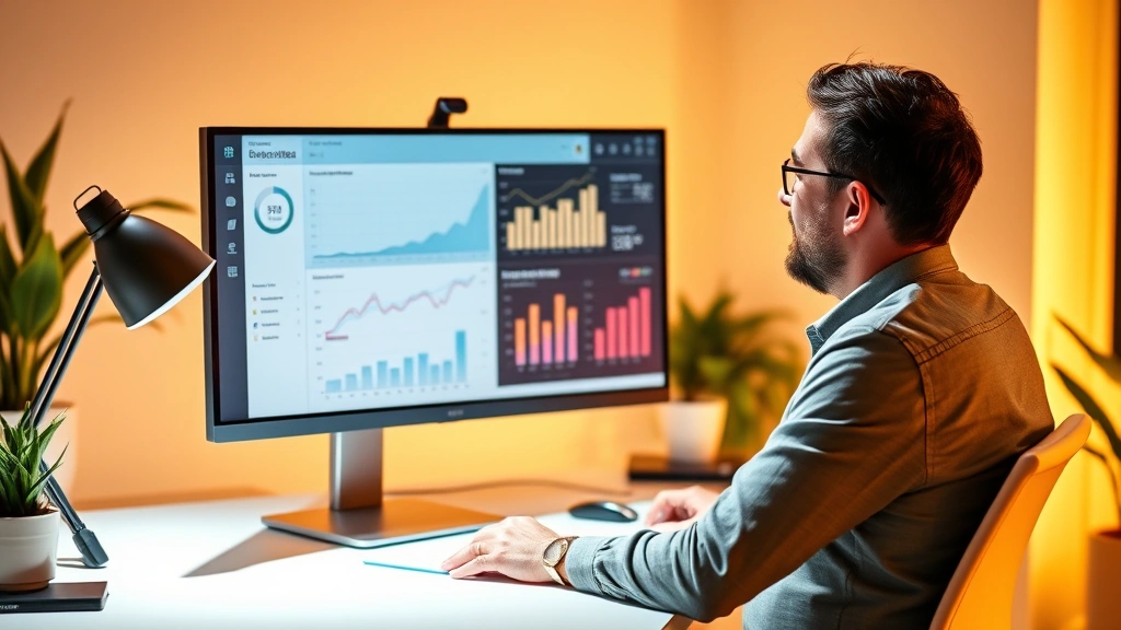 Founder reviewing analytics dashboard on large monitor, analyzing business metrics with calm confidence, minimalist desk setup, warm office lighting suggesting evening work session