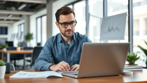 Founder working at desk with laptop and notebook, focused on financial spreadsheets and metrics, modern startup office environment, natural daylight, professional and determined expression