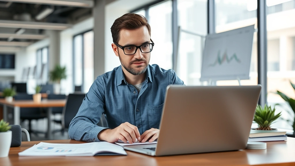 Founder working at desk with laptop and notebook, focused on financial spreadsheets and metrics, modern startup office environment, natural daylight, professional and determined expression