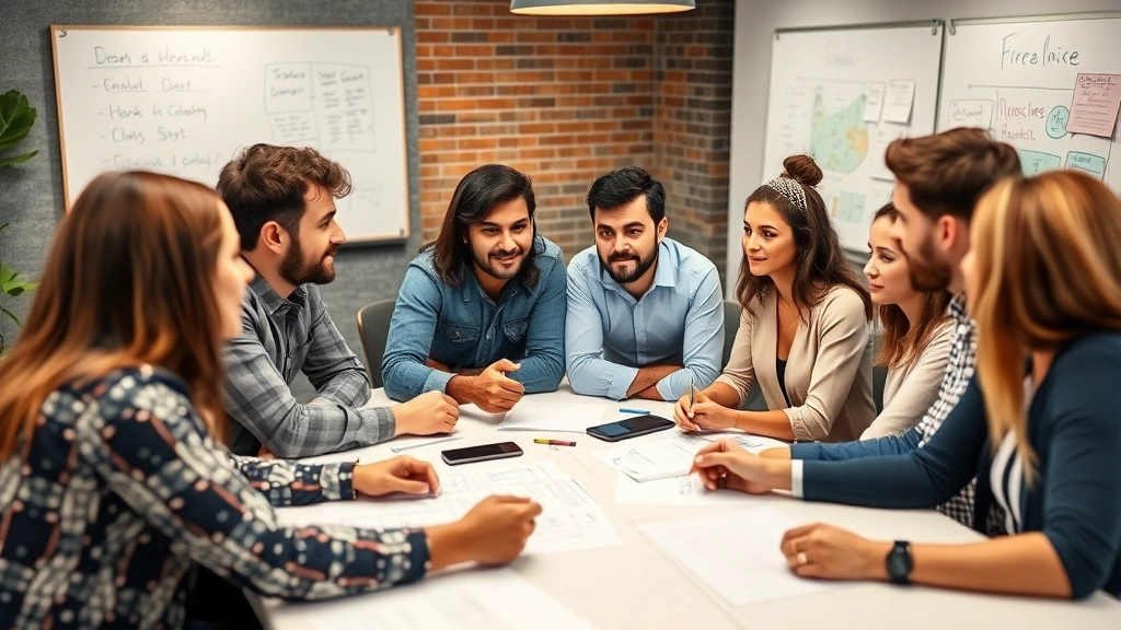 Diverse team in collaborative meeting, brainstorming around table with whiteboards visible in background (out of focus), engaged discussion, entrepreneurial startup atmosphere, authentic workplace moment