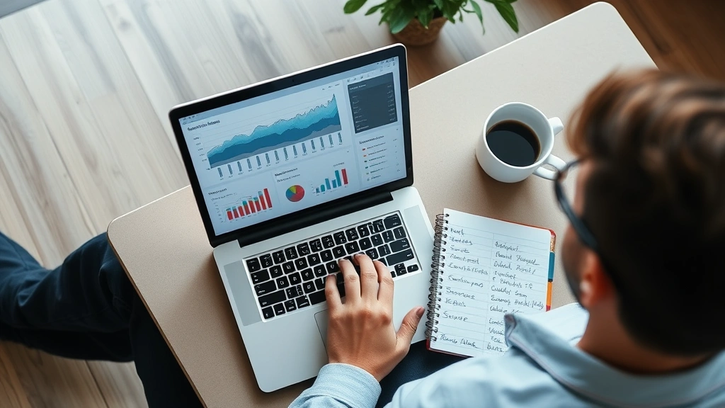 Solo founder reviewing business metrics on laptop screen from above perspective, coffee cup nearby, notebook with handwritten notes visible, contemplative planning moment, natural office lighting
