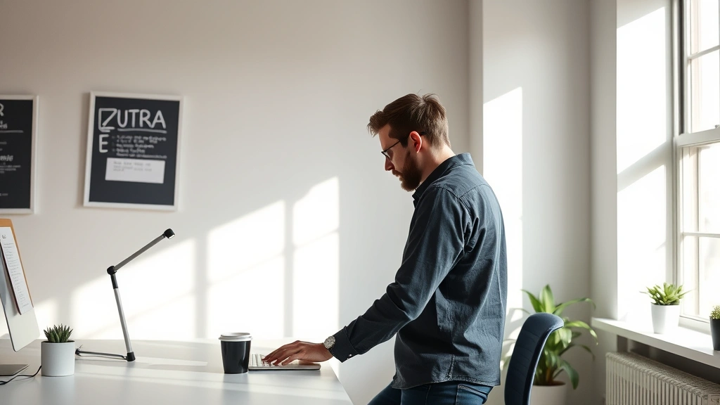 Founder working intently at standing desk in minimalist startup office, natural light, focused expression, coffee cup nearby, modern workspace aesthetic