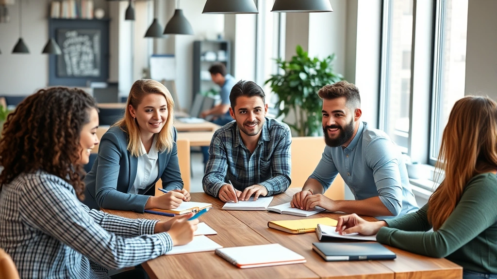 Team of diverse entrepreneurs in casual meeting, brainstorming around table with notebooks, genuine collaboration, startup energy, bright office environment