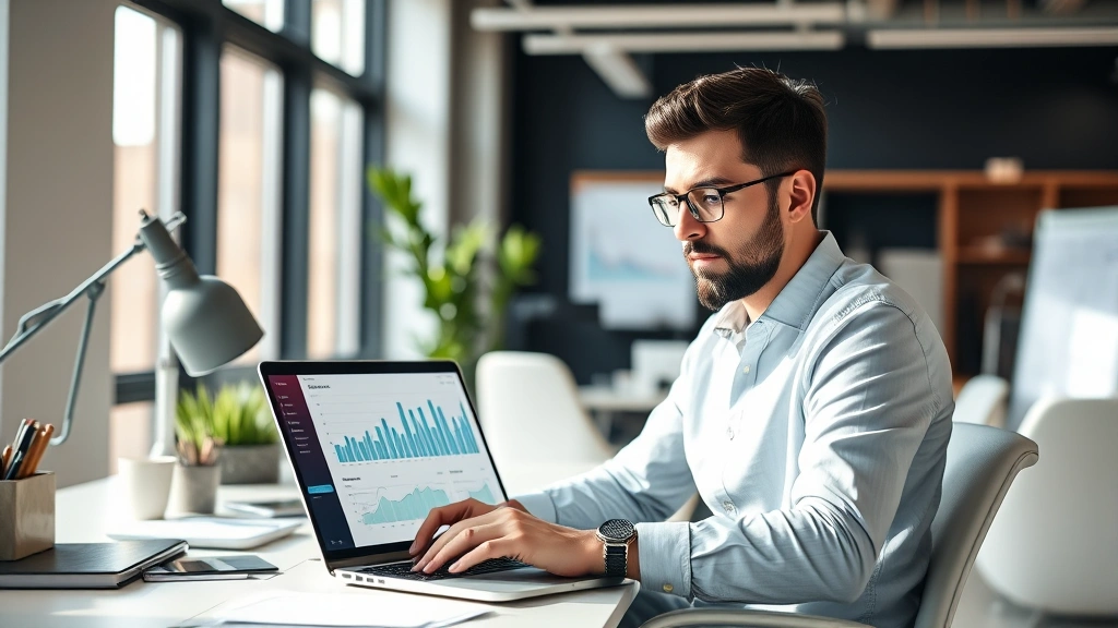 Founder reviewing financial metrics on laptop in modern startup office, focused expression, natural daylight, minimalist desk setup