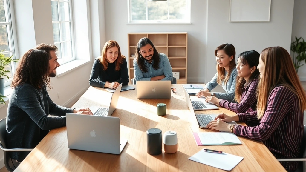 Diverse startup team collaborating around a wooden table in a bright, modern office space with laptops and notepads, natural sunlight streaming through windows, genuine conversation and engagement